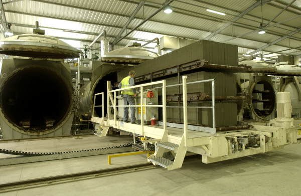 "Green" blocks being loaded into an autoclave (Picture courtesy H+H UK Ltd.)