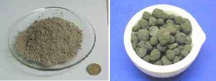 Difference between Cement (left) and clinker (right). The coin is a UK one-pound coin about 23mm across.