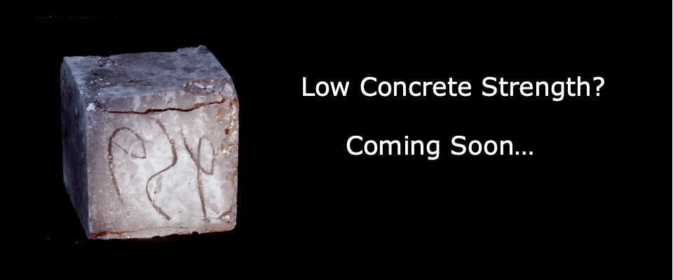 Photo of concrete cube with black background and caption: Concrete Strength Problems? Coming Soon.