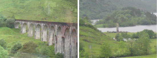 Photos of the Glenfinnan viaduct viewed from the train, and the Glenfinnan monument.