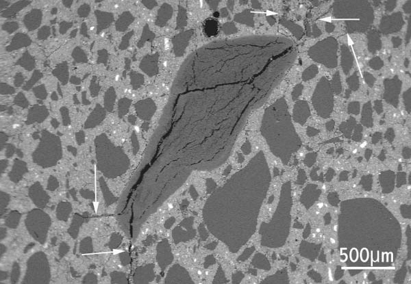 Figure 2 Polished section of concrete, scanning electron microscope image: chert aggregate particle with internal cracks due to ASR extending from the aggregate into the nearby concrete (arrowed).