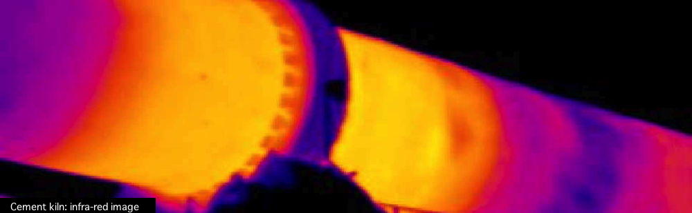 Infra-red image of cement kiln, showing hotter (yellow, burning zone) and cooler (red, mauve, blue) regions