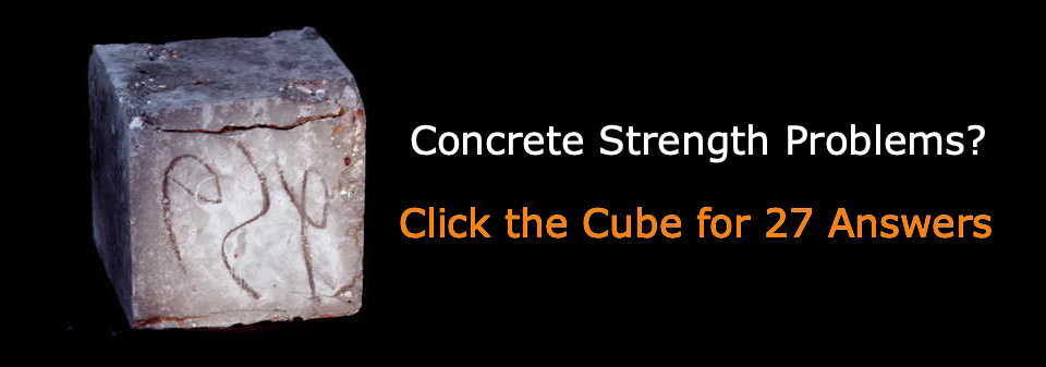 Foto de cubo de concreto com fundo preto e texto: Problemas de resistência do betão? Clique no cubo para 27 respostas.