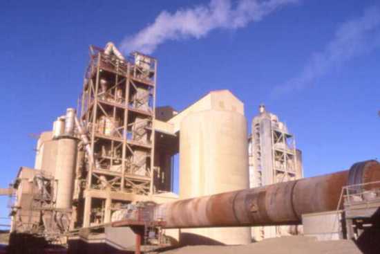 view of cement kiln showing kiln and preheater tower